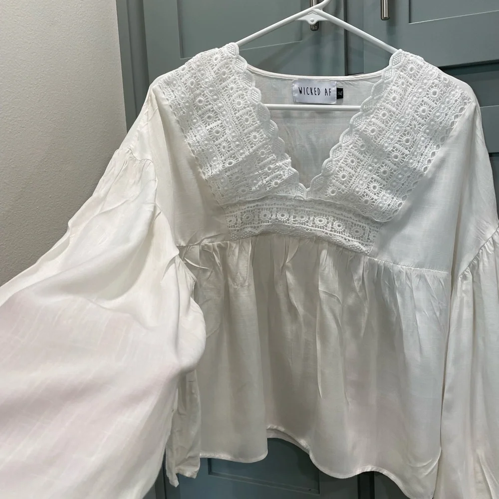 Boho White Crochet Yoke Peasant Top - Picture 8 of 10